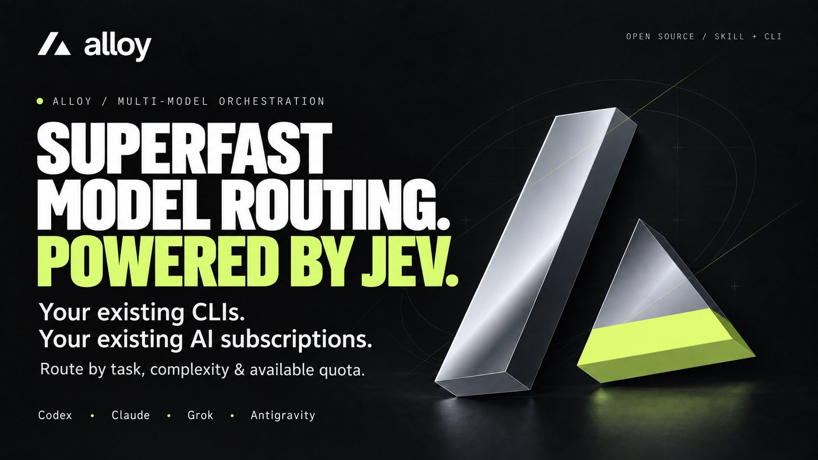 Alloy — Superfast model routing. Powered by Jev. Chrome Alloy sculpture with lime accents.