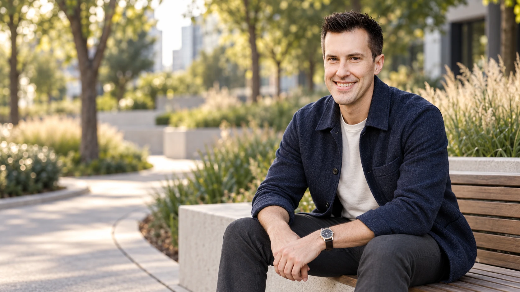AI-reimagined portrait of Tom Langridge sitting in a modern park